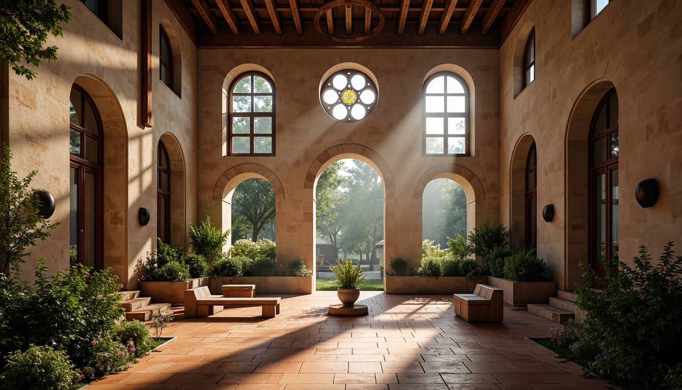 Prompt: Serene monastery courtyard, rustic stone walls, wooden accents, stained glass windows, vaulted ceilings, grand arches, ornate carvings, peaceful cloisters, natural light pouring in, warm soft illumination, subtle shadows, earthy tones, terracotta flooring, worn wooden benches, lush greenery, blooming flowers, misty morning atmosphere, gentle warm lighting, shallow depth of field, 1/1 composition, realistic textures, ambient occlusion.