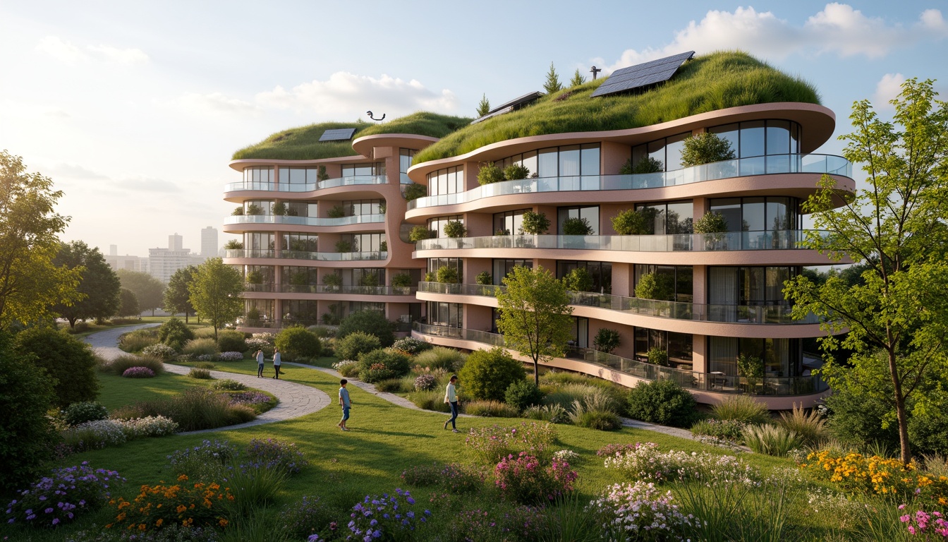 Prompt: Eco-friendly apartment building, curved blob-like shape, green roofs, solar panels, wind turbines, rainwater harvesting systems, recycled materials, natural ventilation, large windows, minimal ornamentation, soft warm lighting, shallow depth of field, 3/4 composition, panoramic view, realistic textures, ambient occlusion, lush greenery, vibrant flowers, urban forest, morning sunlight, gentle breeze, peaceful atmosphere.