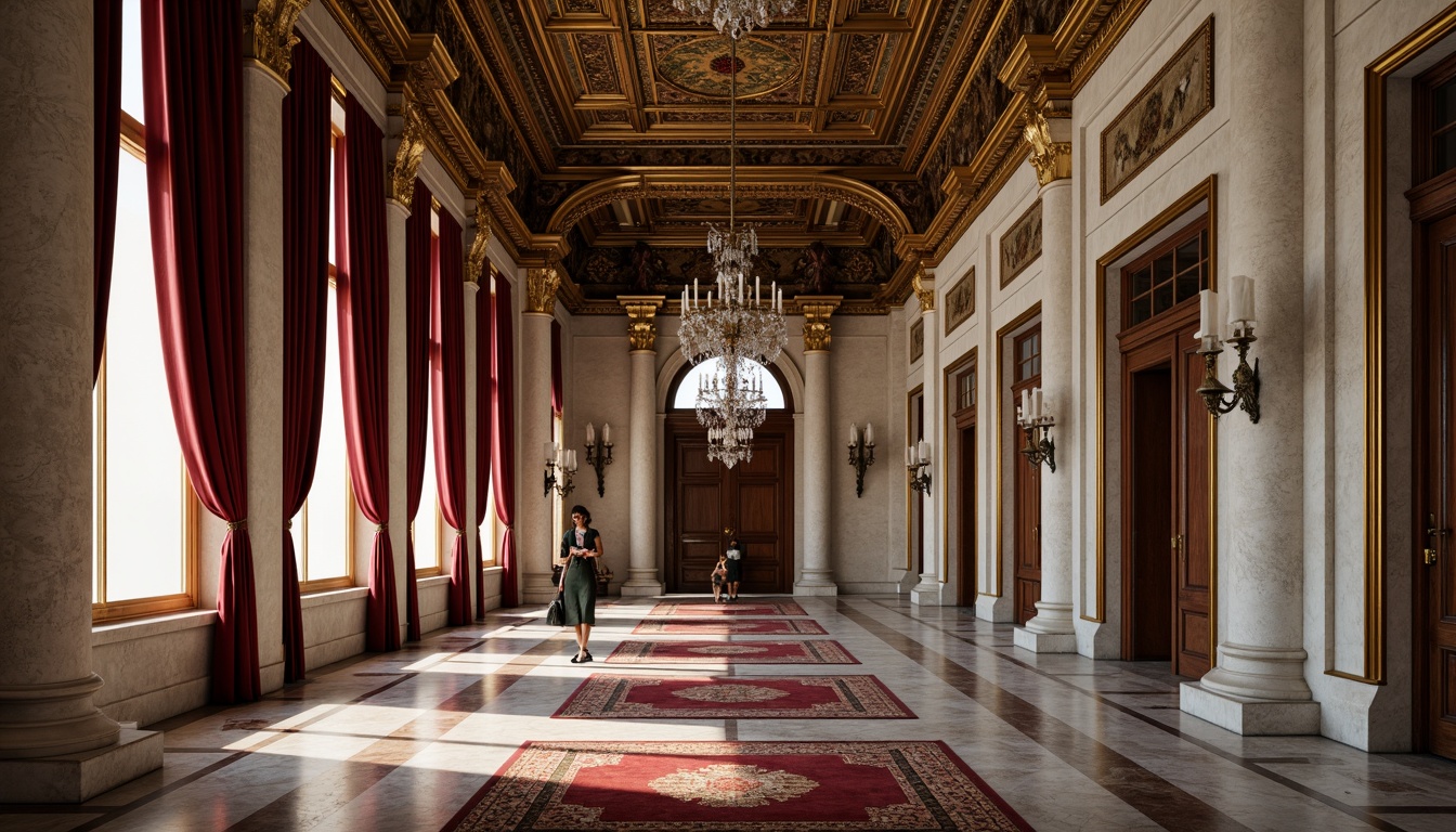 Prompt: Grandiose columns, ornate carvings, polished marble floors, intricately patterned rugs, luxurious velvet drapes, gilded moldings, ornamental plaster ceilings, crystal chandeliers, richly toned wood paneling, antique bronze door handles, weathered stone walls, subtle gradient lighting, soft focus blur, 1/2 composition, symmetrical framing, realistic reflections, ambient occlusion.