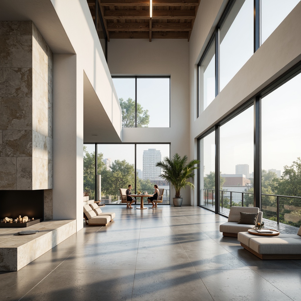 Prompt: Minimalist home, large windows, sliding glass doors, white walls, polished concrete floors, open floor plan, high ceilings, clerestory windows, skylights, natural stone accents, wooden beams, industrial chic decor, urban landscape views, cityscape backdrop, sunny day, soft warm lighting, shallow depth of field, 3/4 composition, panoramic view, realistic textures, ambient occlusion.