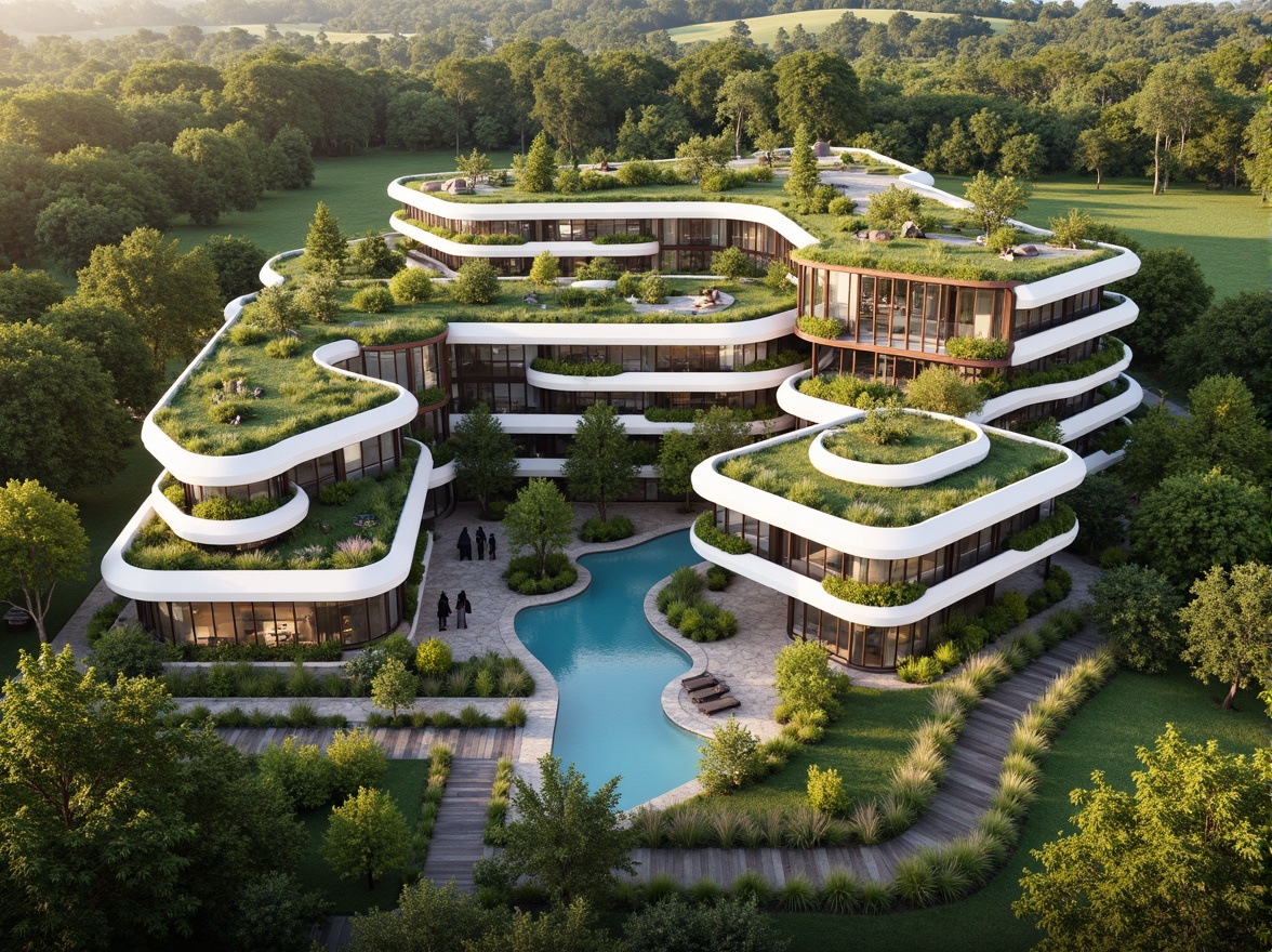 Prompt: Harmonious building integration, lush green roofs, verdant walls, natural stone facades, curved lines, organic shapes, seamless transitions, outdoor living spaces, infinity pools, water features, walking trails, native plant species, bird's eye view, 1/1 composition, soft warm lighting, shallow depth of field, realistic textures, ambient occlusion.