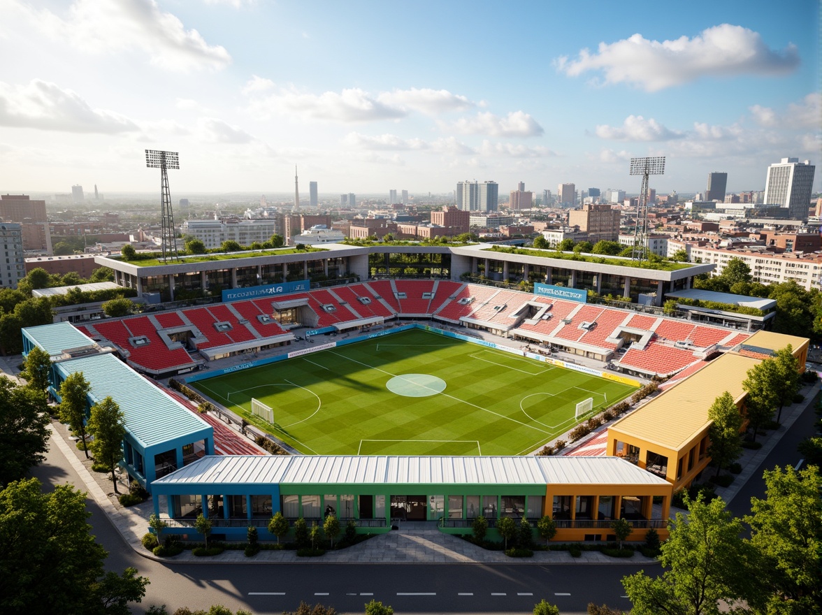 Prompt: Vibrant soccer stadium, social housing complex, bold team colors, dynamic architecture, angular lines, modern fa\u00e7ade, green roofs, eco-friendly materials, innovative ventilation systems, shaded outdoor spaces, misting systems, urban landscape, city skyline, sunny day, soft warm lighting, shallow depth of field, 3/4 composition, panoramic view, realistic textures, ambient occlusion.