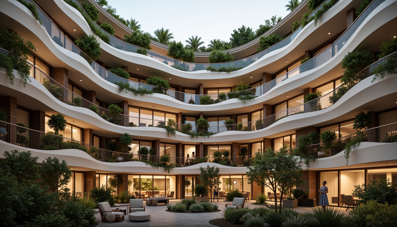 Prompt: Curved apartment building, wavy balconies, rounded windows, soft earthy tones, natural stone fa\u00e7ade, wooden accents, lush green walls, hanging plants, cozy interior spaces, plush furnishings, warm ambient lighting, shallow depth of field, 1/1 composition, intimate atmosphere, organic textures, subtle color palette, minimalist decor, flowing lines, futuristic Blobitecture style, innovative materials, sustainable design elements.