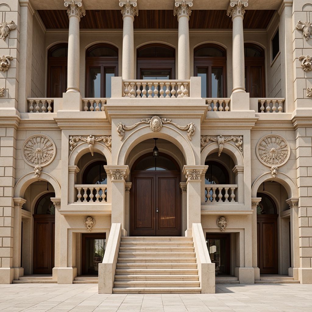 Prompt: Grandiose building facade, ornate columns, intricately carved details, symmetrical composition, classical arches, rusticated stone walls, grand entranceways, sweeping staircases, elegant balustrades, refined moldings, subtle ornamentation, muted earthy tones, warm beige stonework, soft natural lighting, shallow depth of field, 2/3 composition, realistic textures, ambient occlusion.