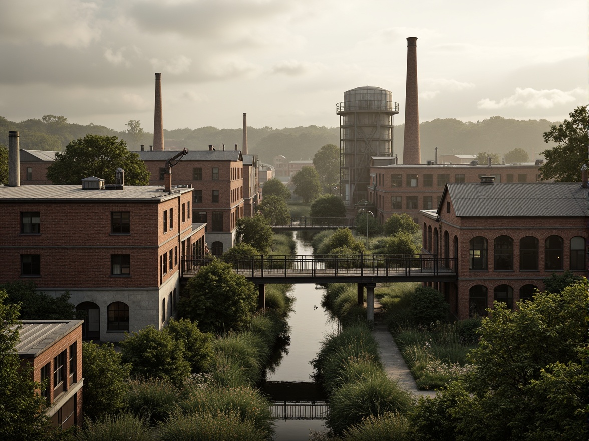 Prompt: Industrial factory complex, rustic brick buildings, corrugated metal roofs, worn concrete walls, vintage machinery, abandoned chimneys, overgrown vegetation, wildflowers, meandering streams, misty atmosphere, soft warm lighting, shallow depth of field, 3/4 composition, panoramic view, realistic textures, ambient occlusion, regionalism-inspired architecture, modern industrial design, functional spaces, exposed ductwork, metal catwalks, reclaimed wood accents, earthy color palette, natural stone pathways, weathered steel bridges.