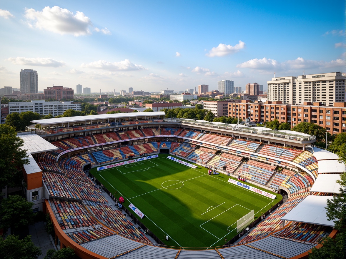 Prompt: Vibrant soccer stadium, social housing facade, bold color scheme, dynamic curves, angular lines, modern architecture, cantilevered roofs, large windows, metal cladding, concrete structures, urban landscape, city skyline, sunny day, dramatic lighting, shallow depth of field, 1/1 composition, realistic textures, ambient occlusion, lively atmosphere, energetic vibe, community spirit.