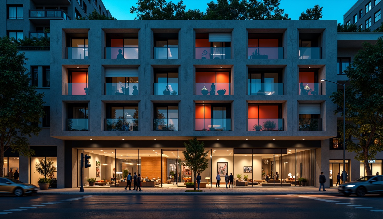 Prompt: Geometric hotel facade, asymmetrical composition, rectangular windows, industrial materials, raw concrete walls, steel beams, minimalist decor, functional simplicity, bold color accents, abstract artwork, urban cityscape, busy streets, modern streetlights, dramatic nighttime lighting, low-angle shot, 1/2 composition, high-contrast tone, cinematic atmosphere, brutalist architecture, clean lines, rectangular shapes, functional minimalism.