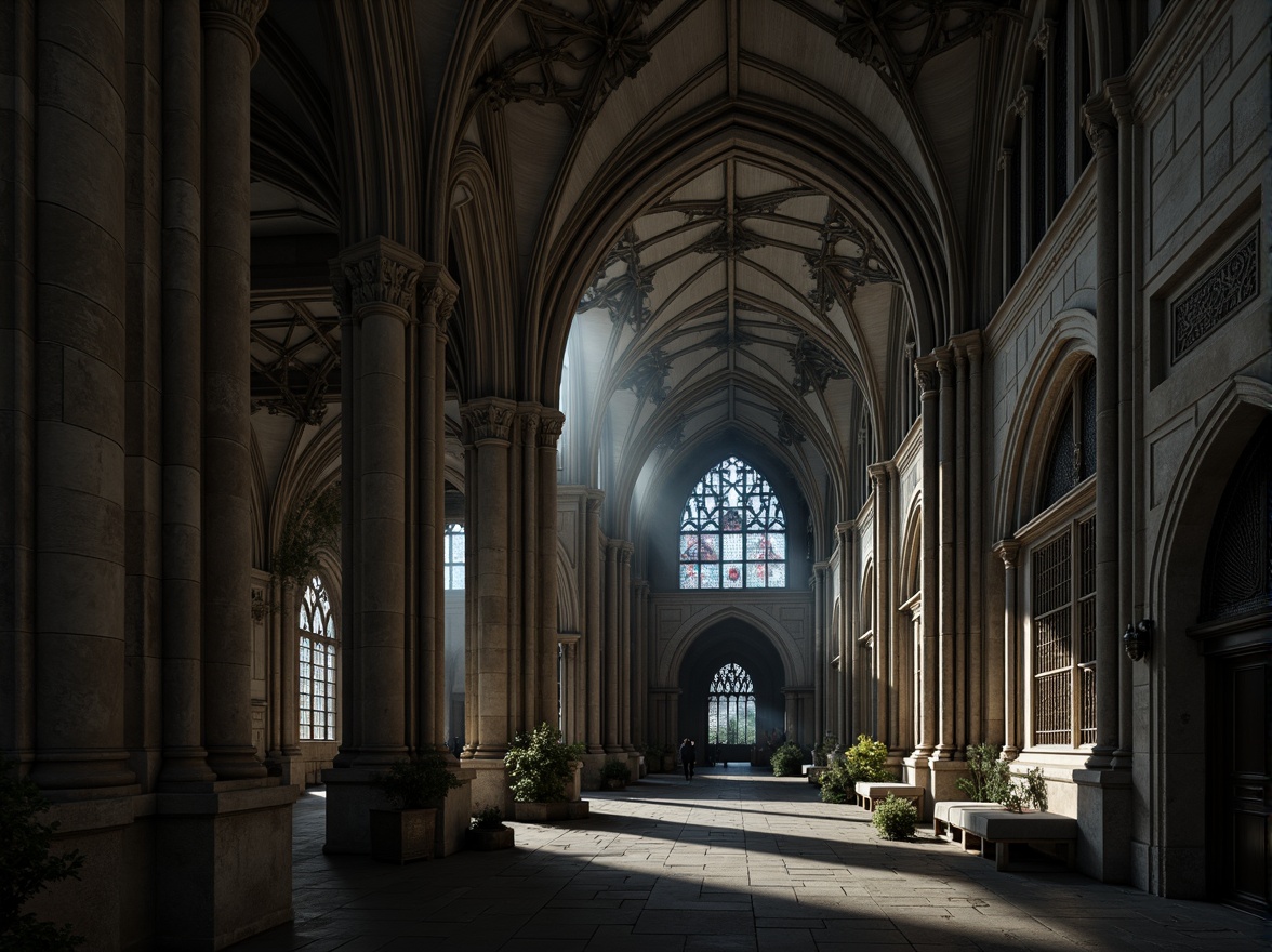 Prompt: Intricate stone carvings, grandiose Gothic arches, ribbed vaulted ceilings, ornate gargoyles, steeply pitched roofs, pointed finials, flying buttresses, stained glass windows, richly textured stonework, mystical ambiance, dramatic lighting, misty atmosphere, 1/2 composition, low-angle shot, cinematic mood, detailed textures, subtle color grading.