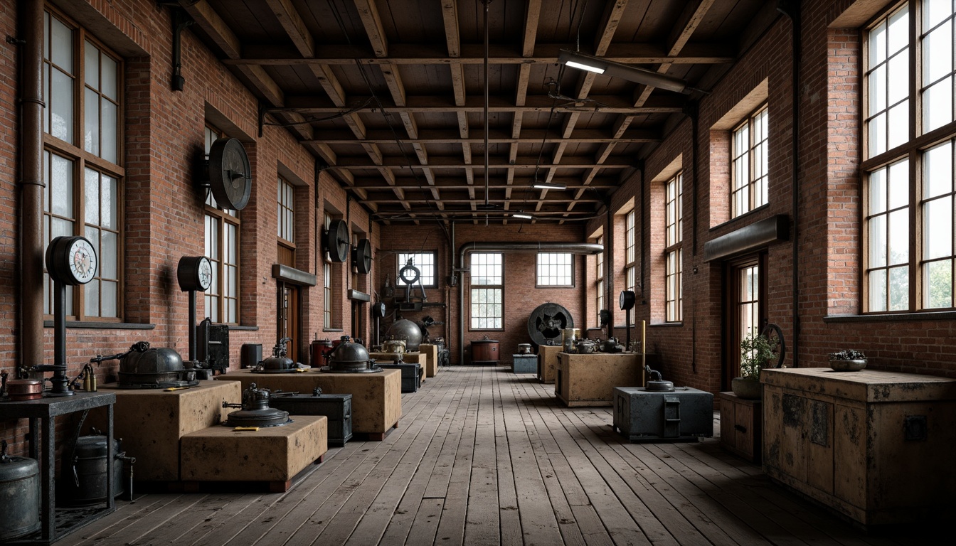 Prompt: Industrial factory setting, exposed brick walls, metal beams, worn wooden floors, vintage machinery, distressed textures, earthy tones, muted colors, rusty reds, weathered blues, faded yellows, industrial greys, urban atmosphere, gritty realism, high contrast lighting, dramatic shadows, cinematic composition, 1/2 camera angle, realistic renderings, ambient occlusion.