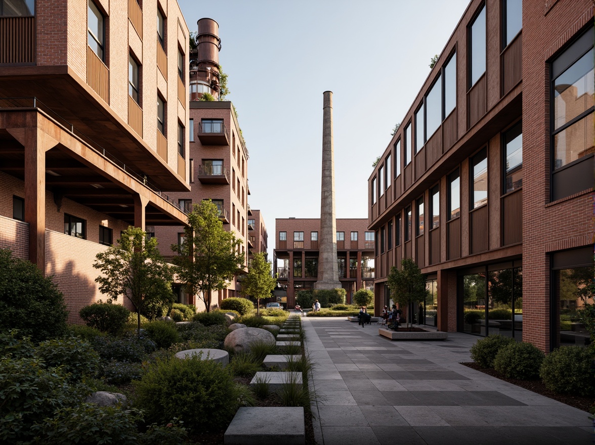 Prompt: Industrial heritage site, exposed brick buildings, rusty metal structures, reclaimed wood accents, vintage factory equipment, urban renewal, mixed-use development, adaptive reuse, modern amenities, sleek glass facades, corten steel cladding, brutalist architecture, post-industrial landscape, overgrown vegetation, abandoned machinery, nostalgic atmosphere, warm golden lighting, shallow depth of field, 2/3 composition, realistic textures, ambient occlusion.