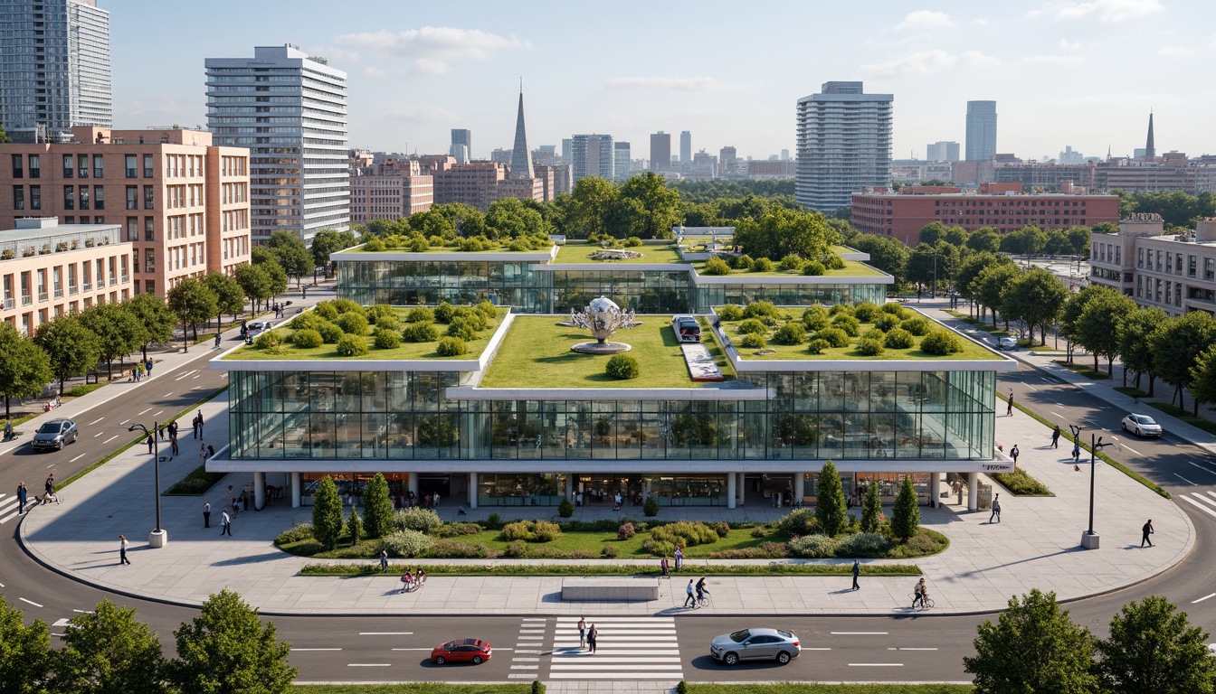 Prompt: Vibrant transportation hub, lush green roofs, natural stone walls, modern architecture, large windows, glass facades, bustling streets, pedestrian walkways, cyclist lanes, public art installations, urban furniture, dynamic lighting systems, shallow depth of field, 3/4 composition, panoramic view, realistic textures, ambient occlusion, integrated landscape design, native plant species, rainwater harvesting systems, green infrastructure, eco-friendly materials, sustainable transportation solutions, electric vehicle charging stations, futuristic train stations, bus rapid transit systems.