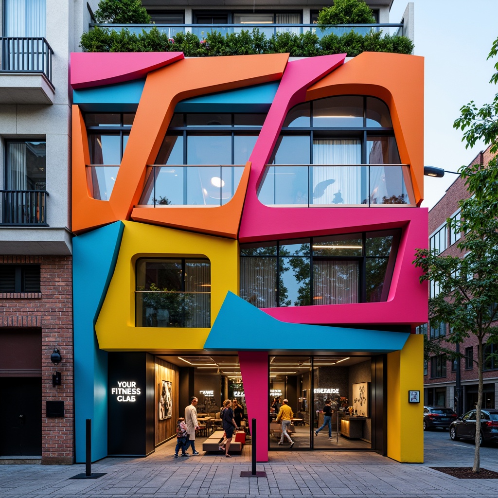 Prompt: Vibrant fitness club facade, bold color blocking, irregular shapes, fragmented forms, playful typography, neon lights, metallic accents, glass brick walls, cantilevered structures, asymmetrical composition, dynamic curves, urban cityscape, bustling streets, morning sunlight, shallow depth of field, 1/1 composition, realistic textures, ambient occlusion.