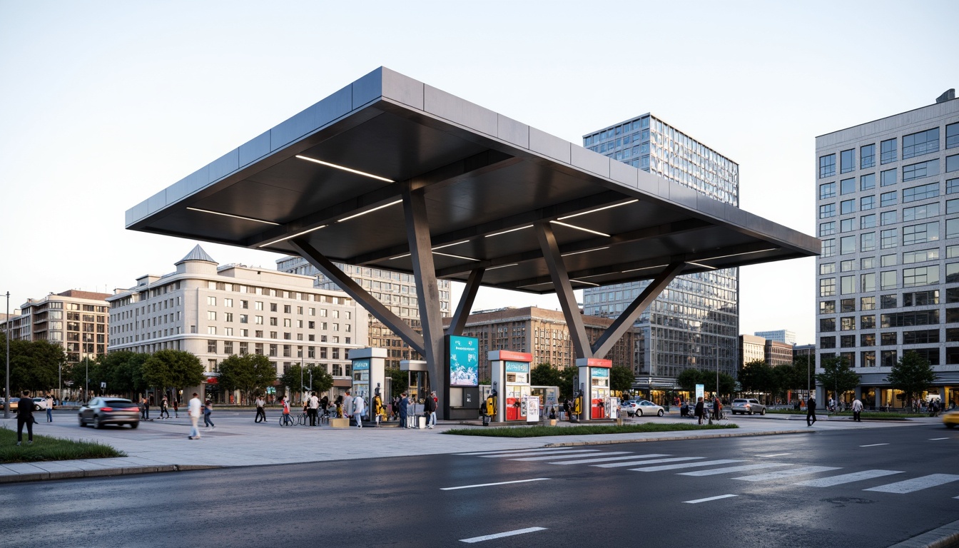 Prompt: Modern gas station, sleek canopy structure, minimalist design, angular lines, stainless steel beams, translucent roofing, natural ventilation, LED lighting, futuristic fuel pumps, digital signage, urban landscape, busy streets, morning sunlight, shallow depth of field, 1/1 composition, realistic textures, ambient occlusion.