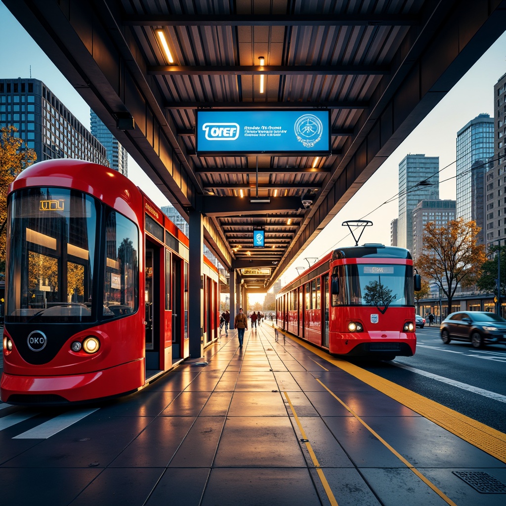 Prompt: Vibrant tram station, bold color schemes, contrasting hues, dynamic lighting effects, futuristic architecture, sleek metal beams, polished concrete floors, modern signage systems, electronic displays, urban cityscape views, rush hour atmosphere, warm golden lighting, shallow depth of field, 1/2 composition, realistic textures, ambient occlusion.