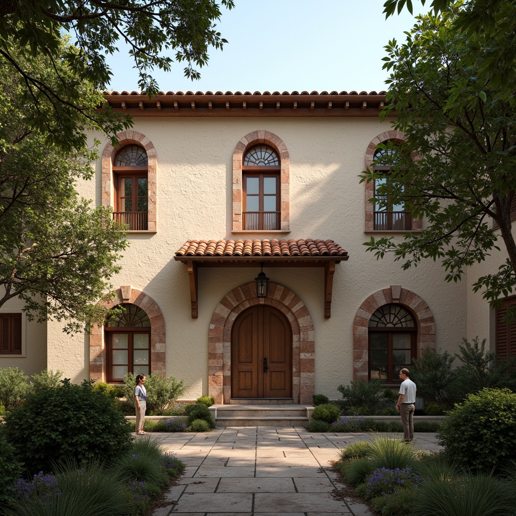 Prompt: Rustic monastery facade, stone walls, arched windows, ornate carvings, wooden doors, terracotta roof tiles, earthy color palette, natural stone textures, intricate stonework patterns, serene courtyard, lush greenery, peaceful ambiance, warm soft lighting, shallow depth of field, 1/2 composition, realistic render, ambient occlusion, subtle weathering effects.