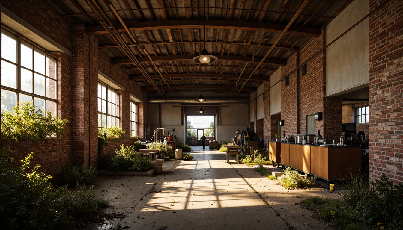 Prompt: Rustic industrial landscape, abandoned factories, distressed brick walls, corrugated metal roofs, worn wooden beams, vintage machinery, urban decay, overgrown vegetation, gritty urban atmosphere, warm golden lighting, shallow depth of field, 1/2 composition, cinematic view, realistic textures, ambient occlusion, nostalgic mood, retro-futuristic elements, exposed ductwork, concrete floors, steel columns, reclaimed wood accents, industrial chic aesthetic.