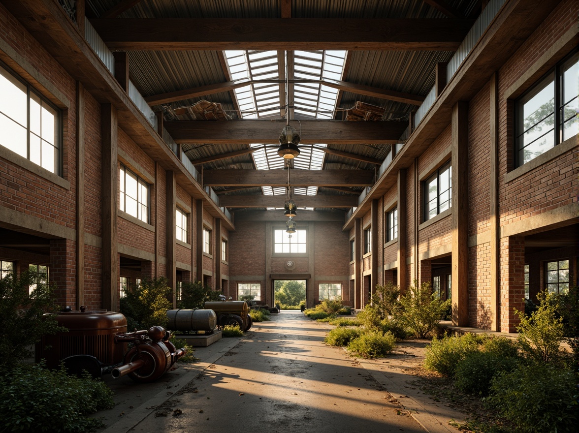 Prompt: Rustic industrial landscape, abandoned factories, distressed brick walls, corrugated metal roofs, worn wooden beams, vintage machinery, urban decay, overgrown vegetation, gritty urban atmosphere, warm golden lighting, shallow depth of field, 1/2 composition, cinematic view, realistic textures, ambient occlusion, nostalgic mood, retro-futuristic elements, exposed ductwork, concrete floors, steel columns, reclaimed wood accents, industrial chic aesthetic.