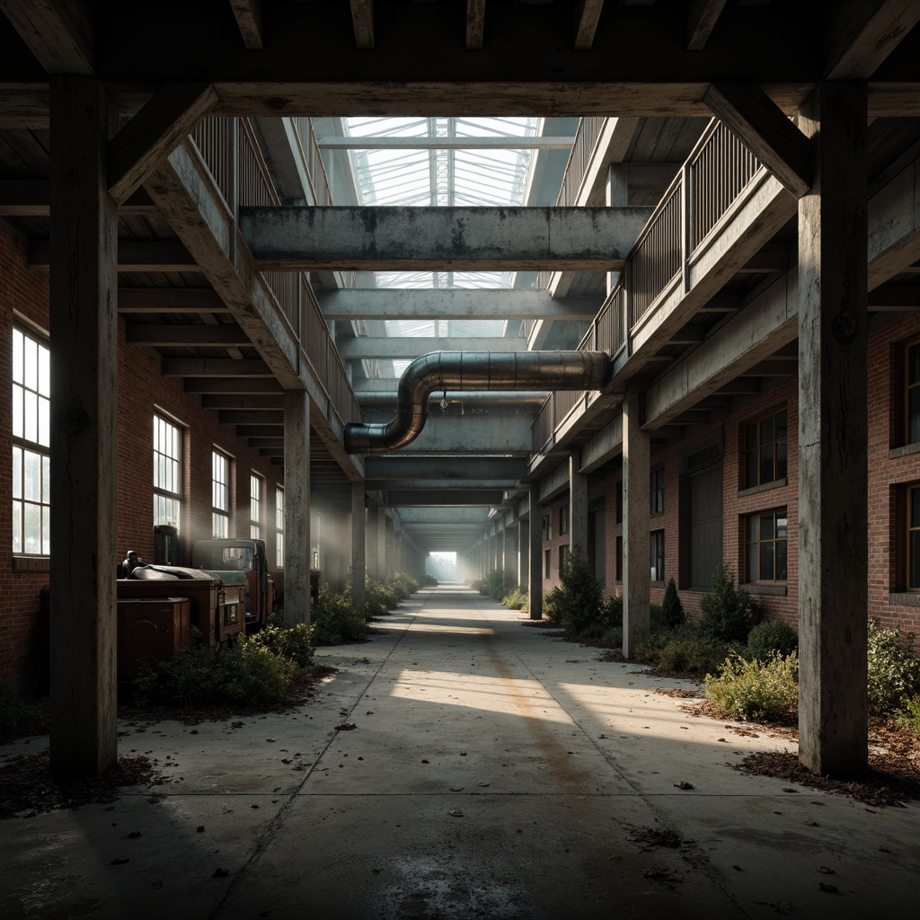 Prompt: Rustic industrial landscape, abandoned factories, distressed brick walls, metal beams, reclaimed wood accents, exposed ductwork, concrete floors, steel columns, urban decay, gritty textures, moody lighting, dramatic shadows, cinematic composition, 1/1 aspect ratio, high contrast, atmospheric fog, misty ambiance, functional pipes, mechanical equipment, industrial heritage, brutalist architecture, raw concrete forms, metallic tones, utilitarian design.