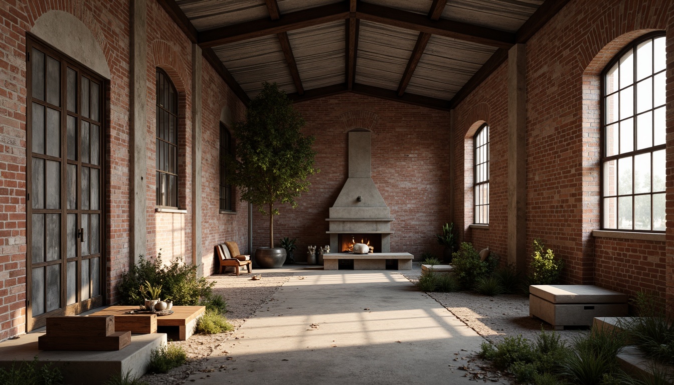 Prompt: Rustic industrial landscape, abandoned factories, worn brick walls, distressed metal roofs, reclaimed wood accents, earthy tones, natural textures, regional materials, local craftsmanship, exposed ductwork, concrete floors, steel beams, functional minimalism, industrial chic aesthetic, warm soft lighting, shallow depth of field, 1/1 composition, realistic renderings, ambient occlusion.