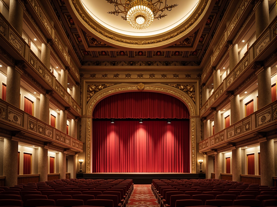 Prompt: Grandiose theater facade, ornate columns, intricately carved details, majestic arches, vibrant red curtains, golden accents, elegant balconies, grand staircases, luxurious chandeliers, refined stone walls, classical architecture, dramatic spotlights, warm soft lighting, shallow depth of field, 1/1 composition, symmetrical view, realistic textures, ambient occlusion.