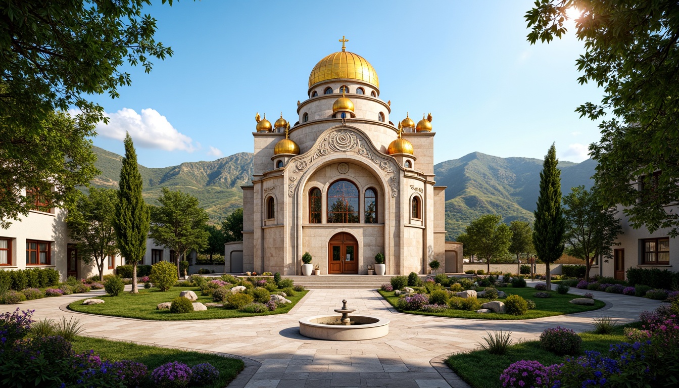 Prompt: Majestic Byzantine church, intricately carved stone fa\u00e7ade, golden domes, ornate mosaics, lush greenery, blooming flowers, serene courtyard, tranquil fountain, natural stone walkways, rustic wooden doors, grand archways, vibrant stained glass windows, warm soft lighting, shallow depth of field, 3/4 composition, panoramic view, realistic textures, ambient occlusion, Mediterranean landscape, rolling hills, olive trees, cypress groves, sunny day, clear blue sky.