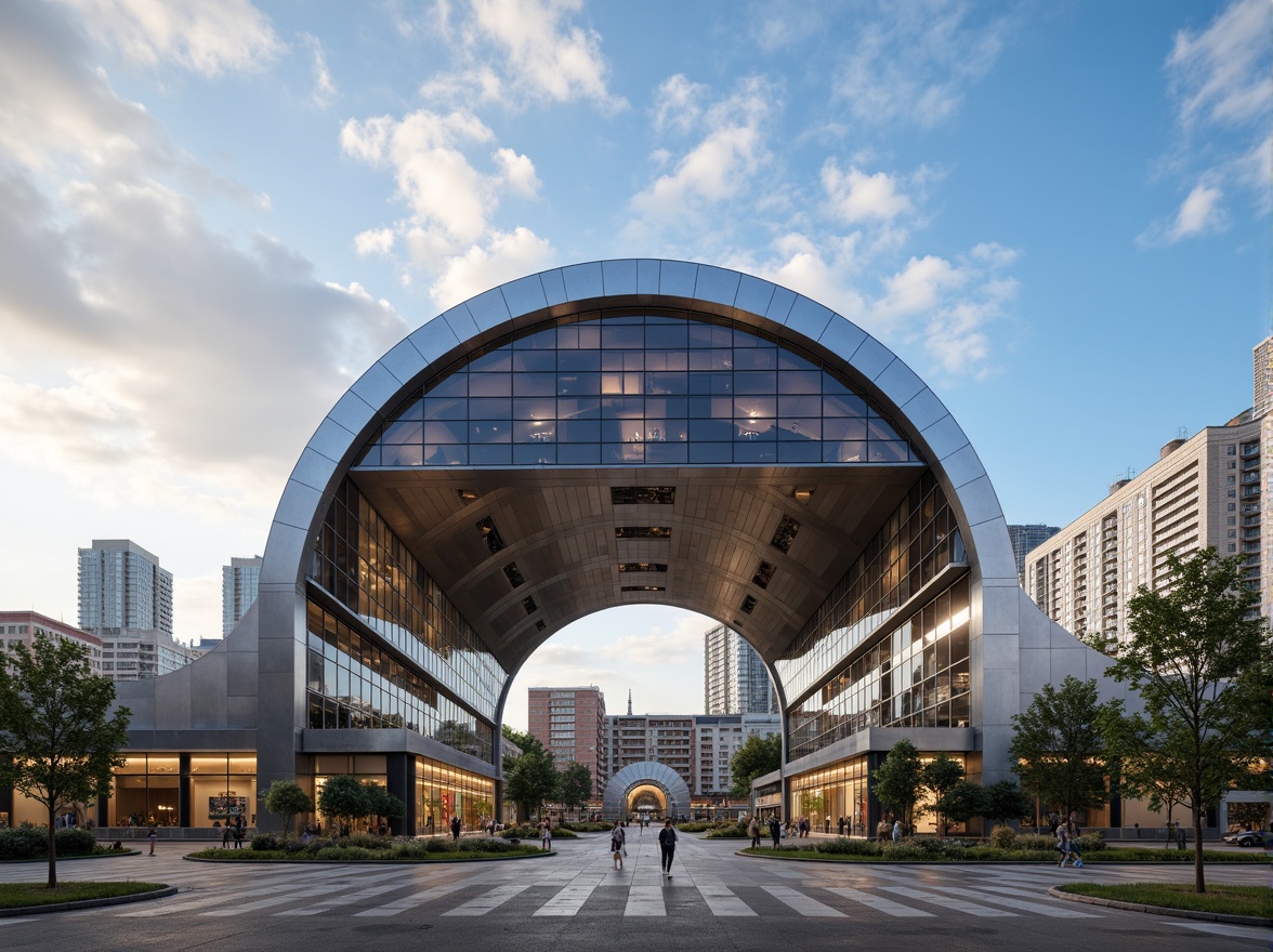 Prompt: Curved pavilion structure, futuristic facade design, iridescent glass panels, parametric architecture, sleek metal frames, minimalist ornamentation, cantilevered rooflines, open-air exhibition spaces, natural ventilation systems, energy-efficient LED lighting, dynamic shading devices, reflective aluminum cladding, geometric patterned screens, modernist-inspired typography, urban cityscape backdrop, cloudy blue sky, warm afternoon sunlight, shallow depth of field, 2/3 composition, realistic material textures, ambient occlusion.