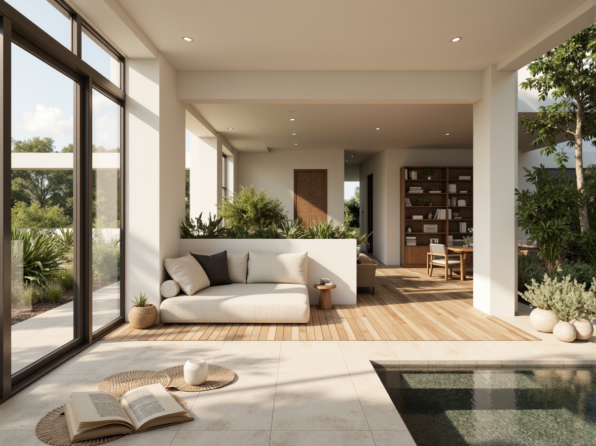 Prompt: Minimalist villa, clean lines, simple shapes, monochromatic color scheme, soft beige walls, creamy white accents, warm wooden floors, natural stone textures, lush greenery surroundings, serene atmosphere, abundant natural light, floor-to-ceiling windows, sliding glass doors, cozy reading nooks, built-in shelving units, subtle ambient lighting, 1/1 composition, shallow depth of field, realistic renderings.