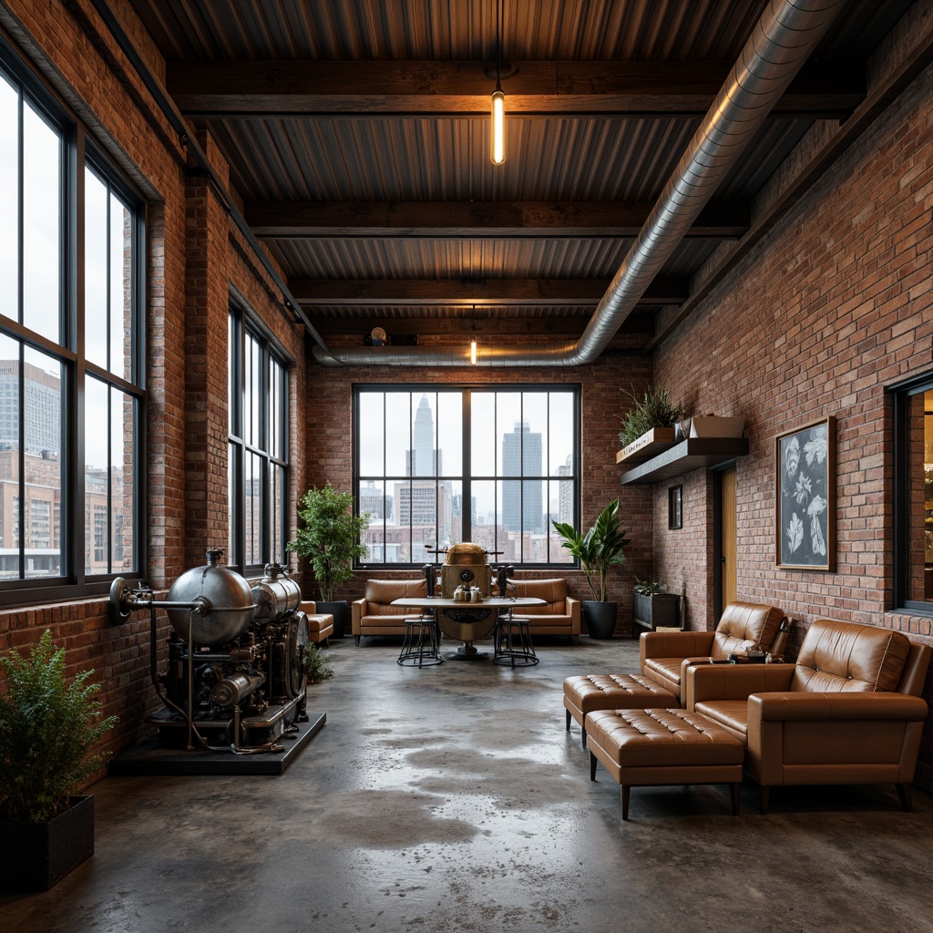 Prompt: Rustic industrial warehouse, exposed brick walls, metal beams, reclaimed wood accents, distressed concrete floors, vintage machinery, worn leather upholstery, metallic pipes, Edison bulb lighting, urban cityscape, cloudy grey sky, soft natural light, shallow depth of field, 2/3 composition, realistic textures, ambient occlusion.