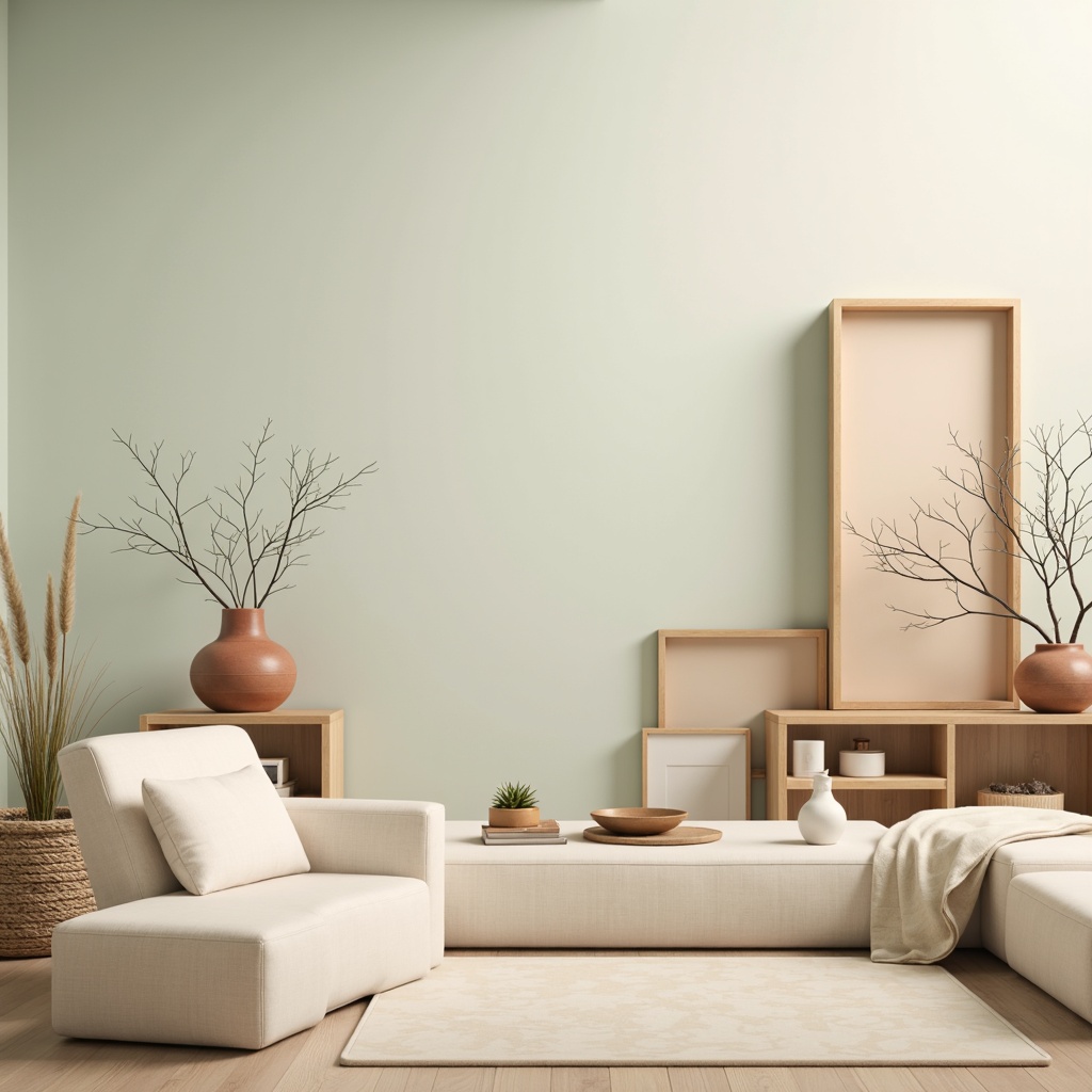 Prompt: Soft pastel hues, calming atmosphere, serene ambiance, gentle color transitions, soothing warm beige, creamy whites, pale blues, muted greens, earthy terracotta, natural wood accents, subtle texture variations, organic shapes, minimalist composition, soft focus, shallow depth of field, 1/1 aspect ratio, realistic renderings, ambient occlusion.