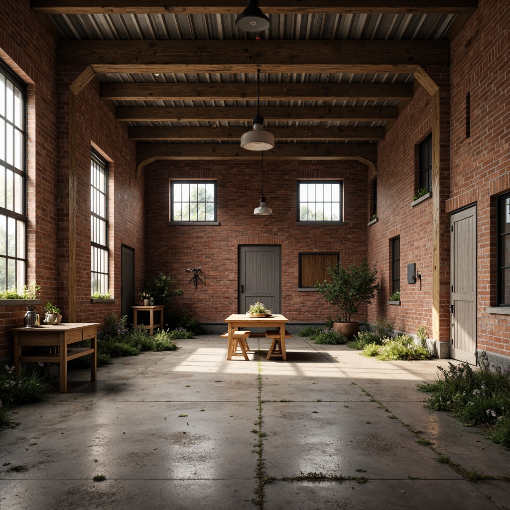 Prompt: Rustic industrial landscape, abandoned factories, worn brick walls, distressed metal roofs, reclaimed wood accents, earthy tones, natural textures, regional materials, local craftsmanship, exposed ductwork, concrete floors, steel beams, functional minimalism, industrial chic aesthetic, warm soft lighting, shallow depth of field, 1/1 composition, realistic renderings, ambient occlusion.