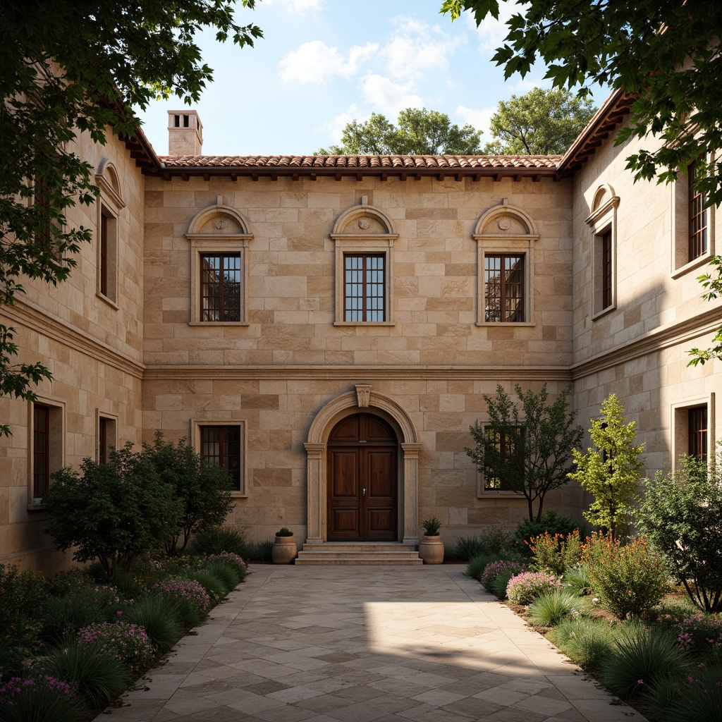 Prompt: Rustic monastery facade, stone walls, arched windows, ornate carvings, wooden doors, terracotta roof tiles, earthy color palette, natural stone textures, intricate stonework patterns, serene courtyard, lush greenery, peaceful ambiance, warm soft lighting, shallow depth of field, 1/2 composition, realistic render, ambient occlusion, subtle weathering effects.