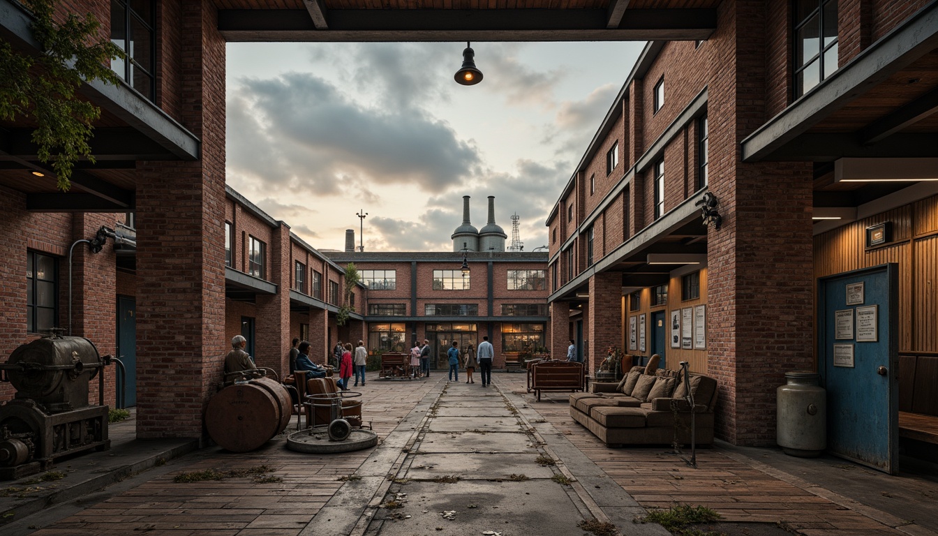 Prompt: Industrial factory setting, exposed brick walls, metal beams, worn wooden floors, distressed concrete textures, vintage machinery, rusty pipes, urban cityscape, cloudy grey skies, warm golden lighting, shallow depth of field, 1/2 composition, realistic materials, ambient occlusion, muted color palette, earthy tones, weathered steel blues, faded reds, industrial greens, creamy whites, rich browns.