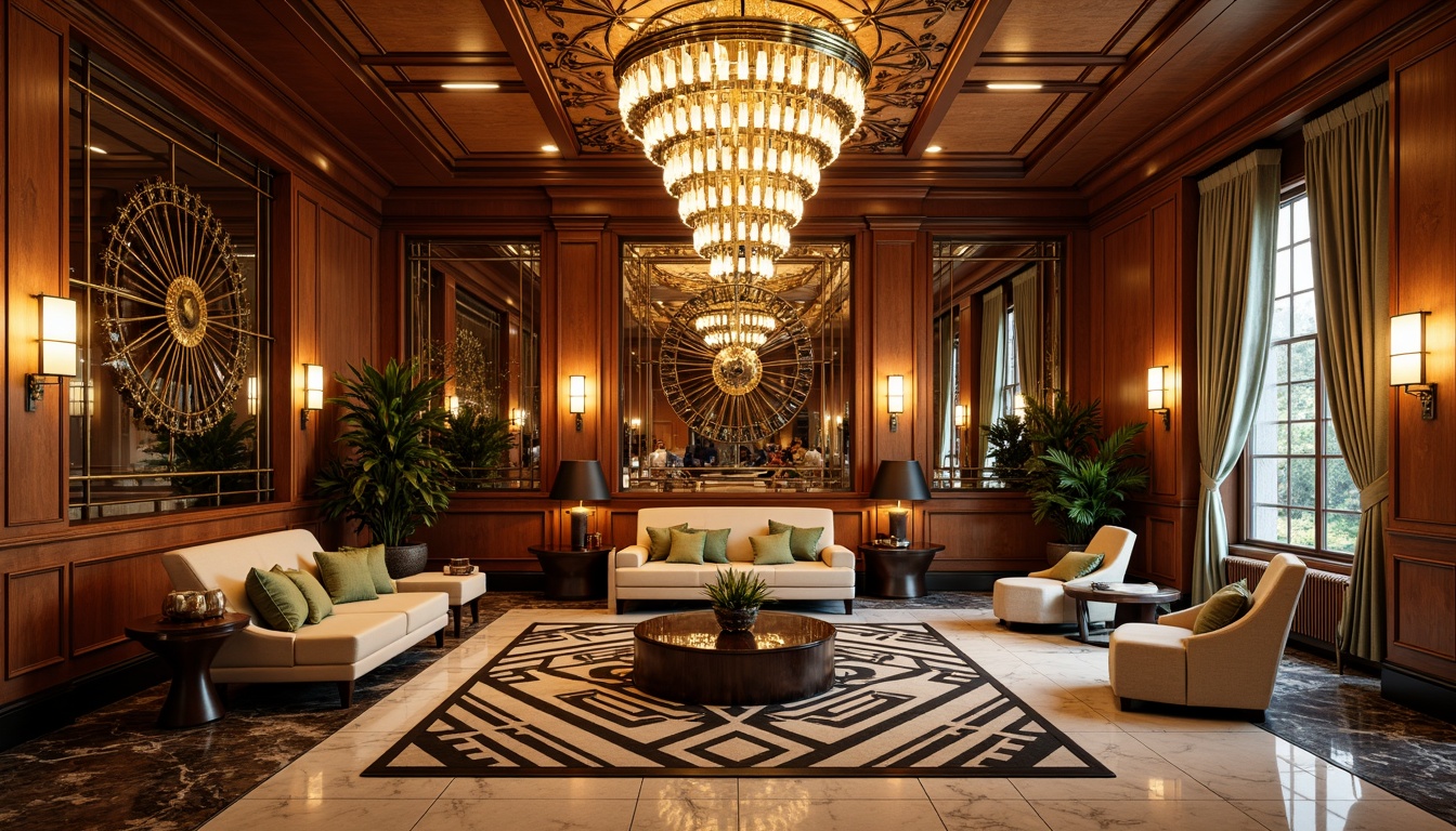 Prompt: Luxurious Art Deco residence, ornate metalwork, polished chrome accents, rich wood paneling, marble flooring, geometric patterned rugs, lavish furnishings, opulent chandeliers, sunburst motifs, zigzag designs, bold color schemes, metallic sheen, high-gloss finishes, sleek lines, curved silhouettes, vintage decorative fixtures, luxurious textiles, velvet drapes, ornate mirrors, glamorous ambiance, warm golden lighting, shallow depth of field, 1/1 composition, realistic reflections.