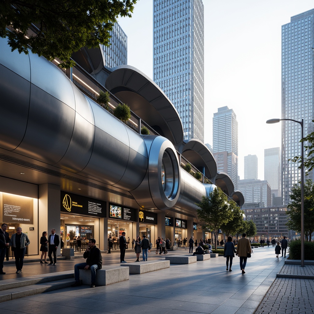 Prompt: Streamlined train station fa\u00e7ade, curved lines, metallic materials, silver accents, large glass windows, minimalist design, modernist architecture, urban cityscape, busy streets, morning commute, soft natural light, shallow depth of field, 1/1 composition, symmetrical view, realistic reflections, ambient occlusion, sleek signage, futuristic fonts, dynamic LED displays, industrial textures, concrete floors, stainless steel handrails.