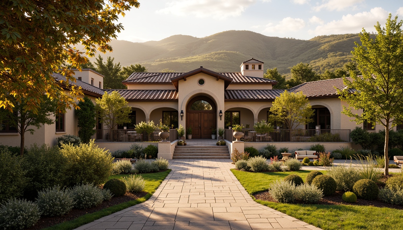 Prompt: Rustic winery facade, Mediterranean-inspired architecture, earthy tones, stone walls, wooden accents, curved lines, ornate metalwork, vine-covered trellises, lush greenery, rolling hills, sunny afternoon, warm golden lighting, shallow depth of field, 2/3 composition, symmetrical balance, realistic textures, ambient occlusion.