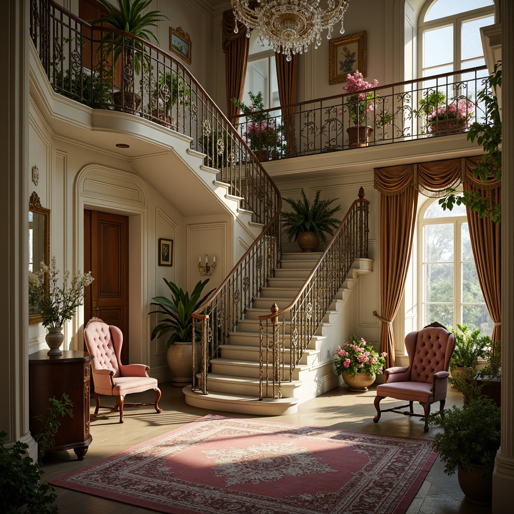 Prompt: Whimsical Victorian-era mansion, intricately carved wooden doors, ornate ironwork balconies, delicate filigree patterns, soft pastel color palette, lush greenery, blooming flowers, grand staircase, crystal chandeliers, luxurious velvet drapes, antique furniture pieces, distressed finishes, warm golden lighting, shallow depth of field, 1/1 composition, intimate atmosphere, romantic ambiance.