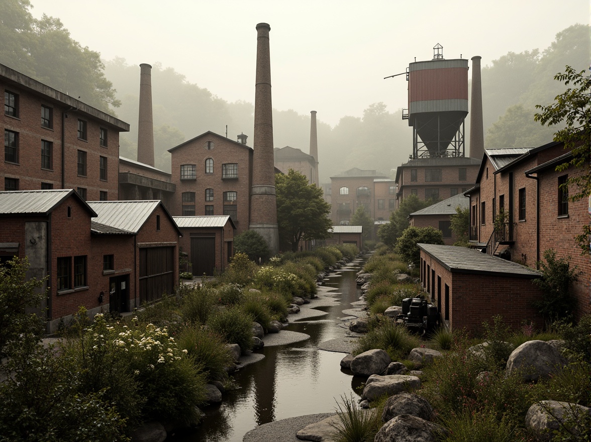 Prompt: Industrial factory complex, rustic brick buildings, corrugated metal roofs, worn concrete walls, vintage machinery, abandoned chimneys, overgrown vegetation, wildflowers, meandering streams, misty atmosphere, soft warm lighting, shallow depth of field, 3/4 composition, panoramic view, realistic textures, ambient occlusion, regionalist architectural style, functional simplicity, earthy color palette, distressed finishes, reclaimed wood accents, metal cladding, industrial heritage, nostalgic ambiance.