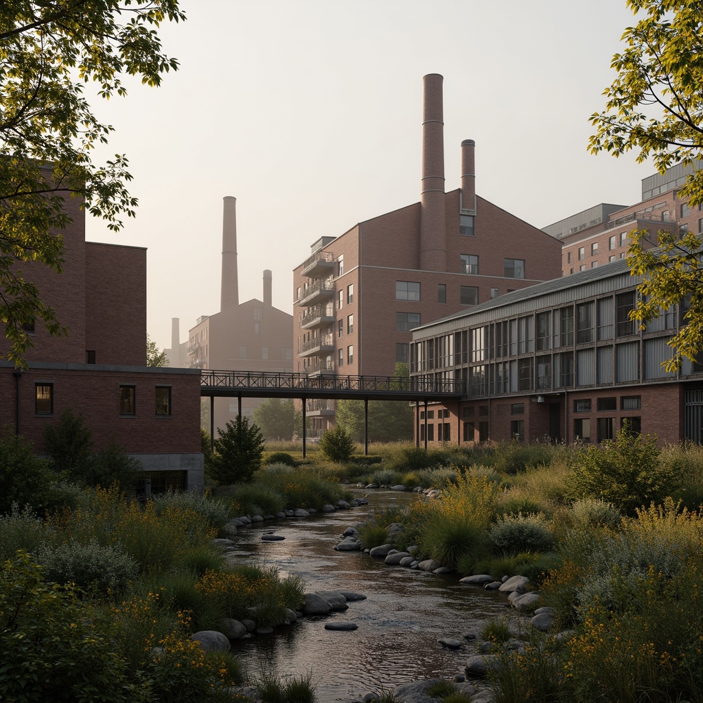 Prompt: Industrial factory complex, rustic brick buildings, corrugated metal roofs, worn concrete walls, vintage machinery, abandoned chimneys, overgrown vegetation, wildflowers, meandering streams, misty atmosphere, soft warm lighting, shallow depth of field, 3/4 composition, panoramic view, realistic textures, ambient occlusion, regionalism-inspired architecture, modern industrial design, functional spaces, exposed ductwork, metal catwalks, reclaimed wood accents, earthy color palette, natural stone pathways, weathered steel bridges.