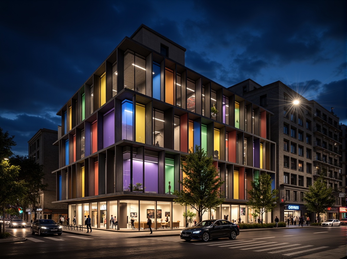 Prompt: Geometric hotel facade, asymmetrical composition, rectangular windows, industrial materials, raw concrete walls, steel beams, minimalist decor, functional simplicity, bold color accents, abstract artwork, urban cityscape, busy streets, modern streetlights, dramatic nighttime lighting, low-angle shot, 1/2 composition, high-contrast tone, cinematic atmosphere, brutalist architecture, clean lines, rectangular shapes, functional minimalism.