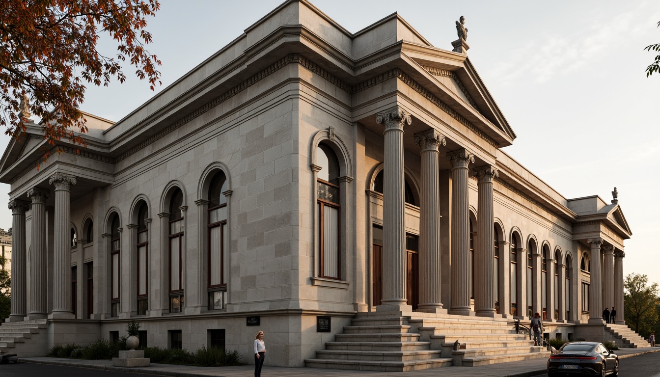 Prompt: Grandiose neoclassical building, imposing columns, ornate capitals, fluted shafts, majestic arches, symmetrical facade, rusticated base, limestone walls, elegant pilasters, carved metopes, triglyph frieze, pedimented roof, subtle entasis, harmonious proportions, natural light, soft warm glow, shallow depth of field, 3/4 composition, realistic textures, ambient occlusion.