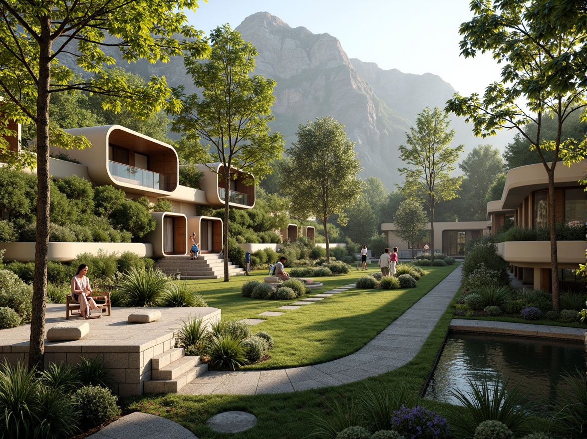 Prompt: Seamless site integration, harmonious architecture, lush green roofs, native plant species, natural stone walls, wooden accents, curved lines, organic forms, eco-friendly materials, sustainable design, minimal carbon footprint, abundant natural light, soft warm ambiance, shallow depth of field, 3/4 composition, panoramic view, realistic textures, ambient occlusion, serene atmosphere, peaceful coexistence.