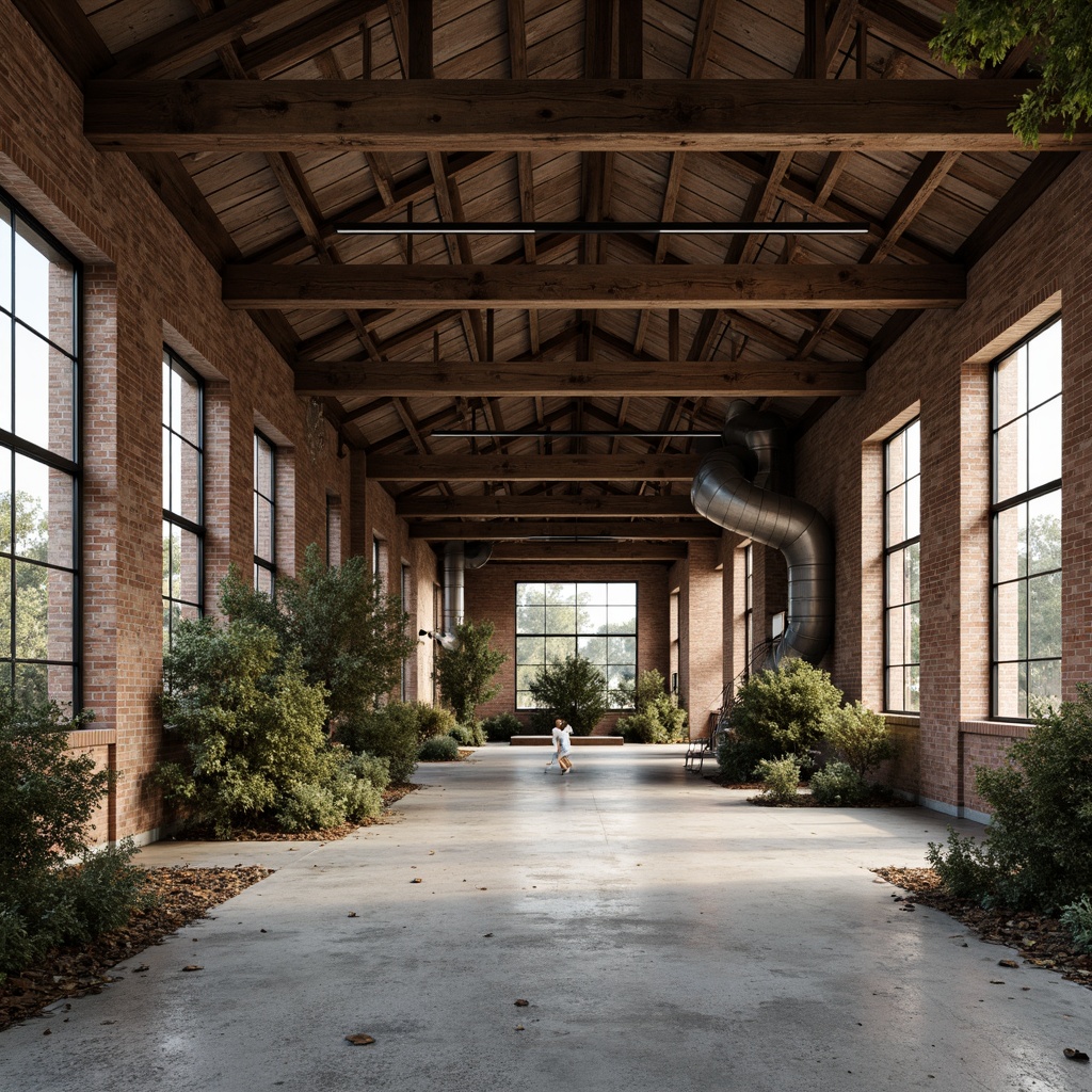 Prompt: Rustic industrial landscape, abandoned factories, worn brick walls, distressed metal roofs, reclaimed wood accents, earthy tones, natural textures, regional materials, local craftsmanship, exposed ductwork, concrete floors, steel beams, functional minimalism, industrial chic aesthetic, warm soft lighting, shallow depth of field, 1/1 composition, realistic renderings, ambient occlusion.