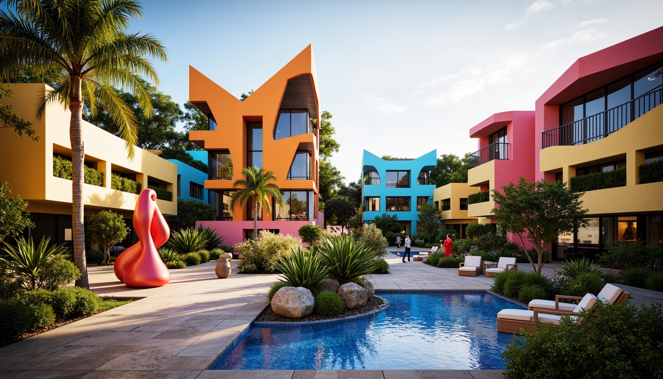 Prompt: Vibrant postmodern buildings, irregular shapes, bold colors, abstract sculptures, fragmented forms, playful water features, meandering walkways, lush greenery, exotic plants, tropical flowers, statement trees, eclectic furniture, mosaic patterns, geometric textures, warm ambient lighting, shallow depth of field, 1/1 composition, panoramic view, realistic reflections, atmospheric fog.