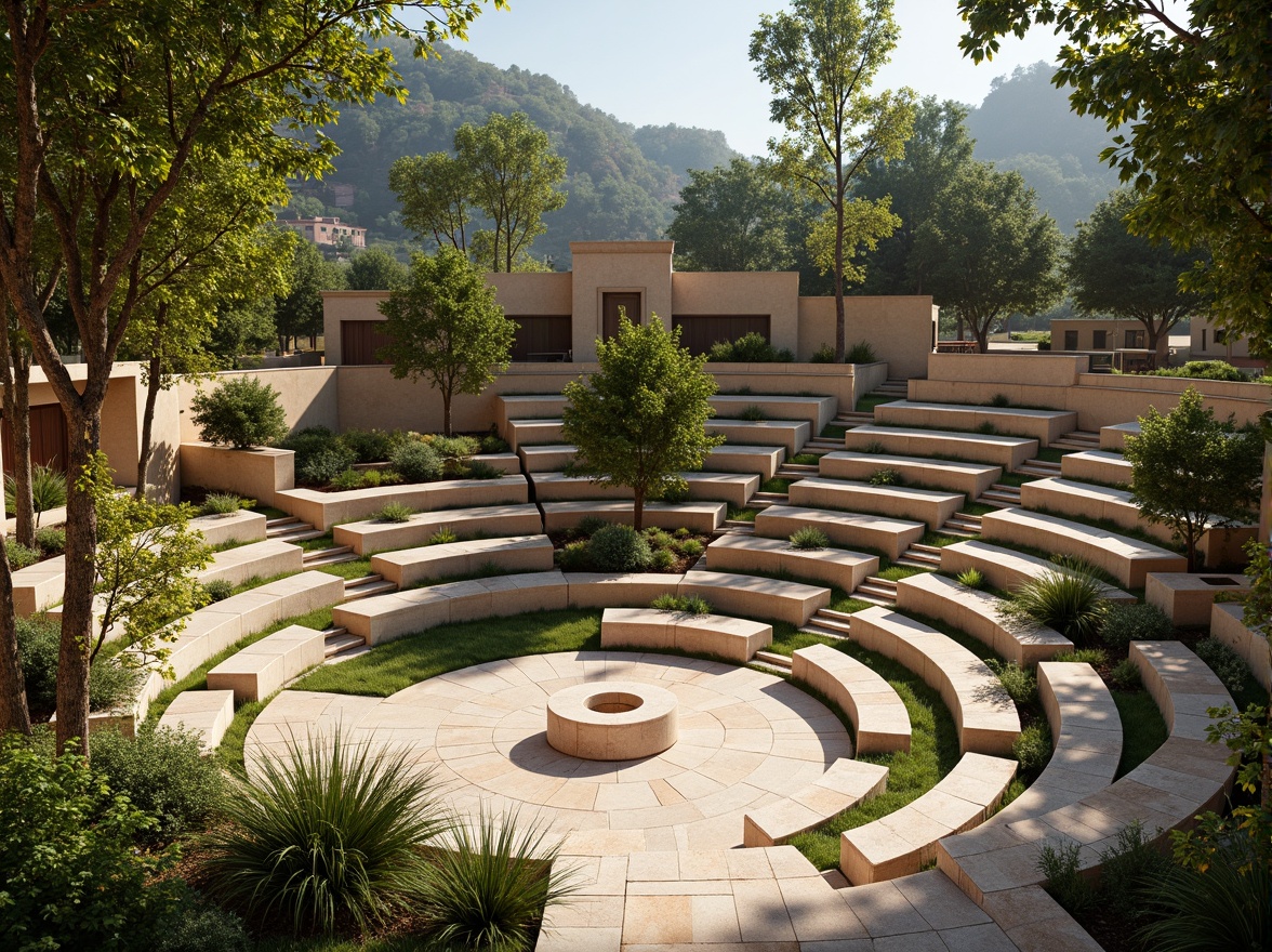 Prompt: Organic amphitheater, natural stone seating, lush greenery, curved lines, earthy tones, warm beige colors, rustic wooden accents, soft diffused lighting, dappled shade, afternoon sunbeams, gentle breeze, open-air atmosphere, panoramic views, 3/4 composition, shallow depth of field, realistic textures, ambient occlusion.