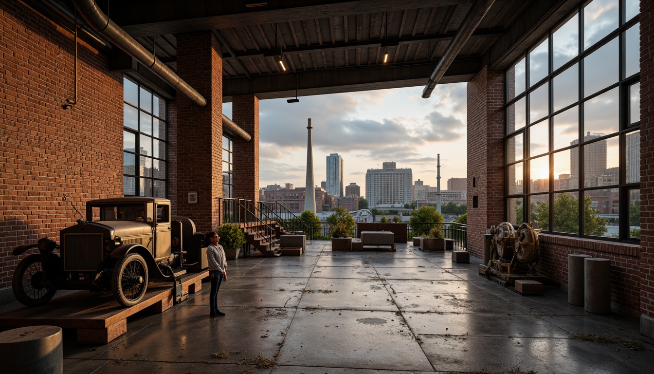 Prompt: Industrial factory setting, exposed brick walls, metal beams, worn wooden floors, distressed concrete textures, vintage machinery, rusty pipes, urban cityscape, cloudy grey skies, warm golden lighting, shallow depth of field, 1/2 composition, realistic materials, ambient occlusion, muted color palette, earthy tones, weathered steel blues, faded reds, industrial greens, creamy whites, rich browns.