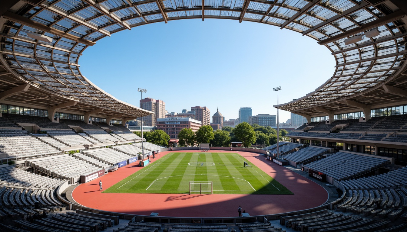 Prompt: Sleek stadium design, aerodynamic curves, metallic materials, reflective surfaces, angular lines, modern architecture, grandstand seating, athletic tracks, sports equipment, vibrant color schemes, dynamic lighting systems, dramatic shadows, 3/4 composition, low-angle shot, realistic textures, ambient occlusion, urban cityscape, clear blue sky, sunny day, soft warm lighting.