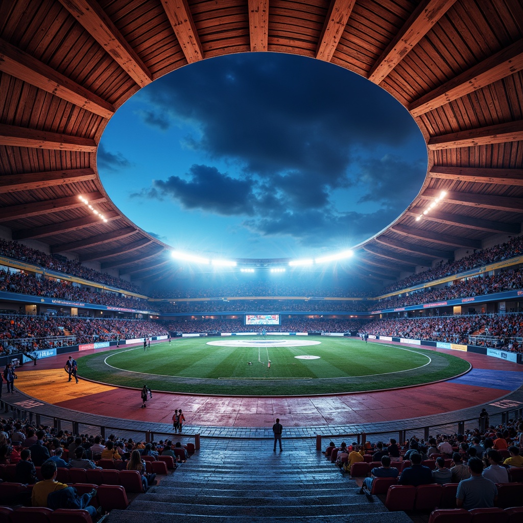 Prompt: Vibrant stadium, expressionist architecture, bold concrete structures, rough stone walls, rusty metal beams, distressed wood accents, dynamic curved lines, abstract geometric patterns, bright neon lights, electric atmosphere, intense shadows, high-contrast colors, dramatic spotlights, cinematic composition, 1/2 camera angle, shallow depth of field, realistic textures, ambient occlusion.