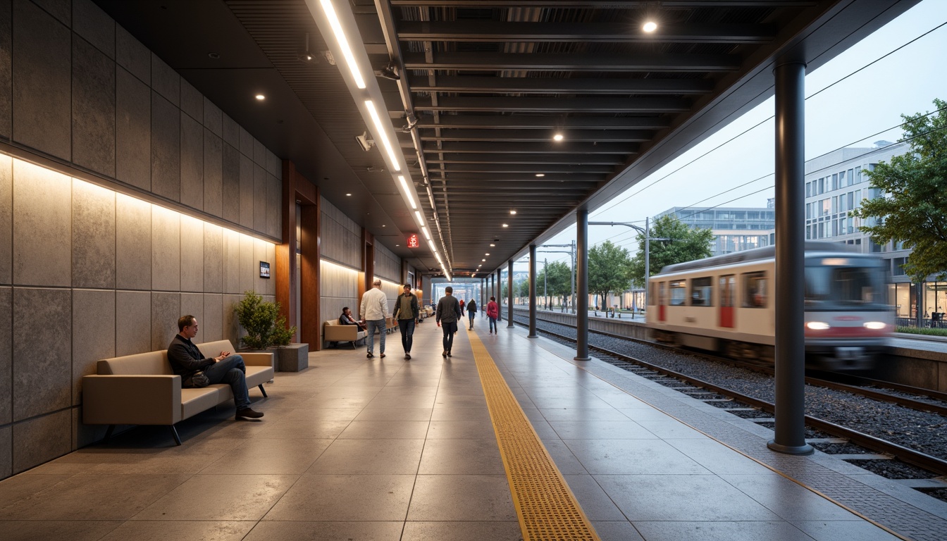 Prompt: Modern metro station interior, sleek lines, minimalist design, bright LED lighting, polished granite floors, stainless steel handrails, comfortable seating areas, clear signage, efficient wayfinding systems, spacious platforms, high ceilings, natural stone walls, urban cityscape views, rush hour crowds, morning commute atmosphere, soft warm lighting, shallow depth of field, 1/1 composition, realistic textures, ambient occlusion.