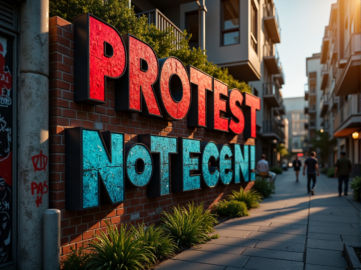 Prompt: Vibrant protest signs, bold typography, striking graffiti, urban cityscape, concrete walls, gritty textures, dramatic shadows, warm golden lighting, shallow depth of field, 1/1 composition, realistic render, ambient occlusion, energetic color palette, bright red accents, deep blue undertones, neon green highlights, metallic silver finishes, rough stone surfaces, industrial materials, edgy architectural lines, modern urban atmosphere.