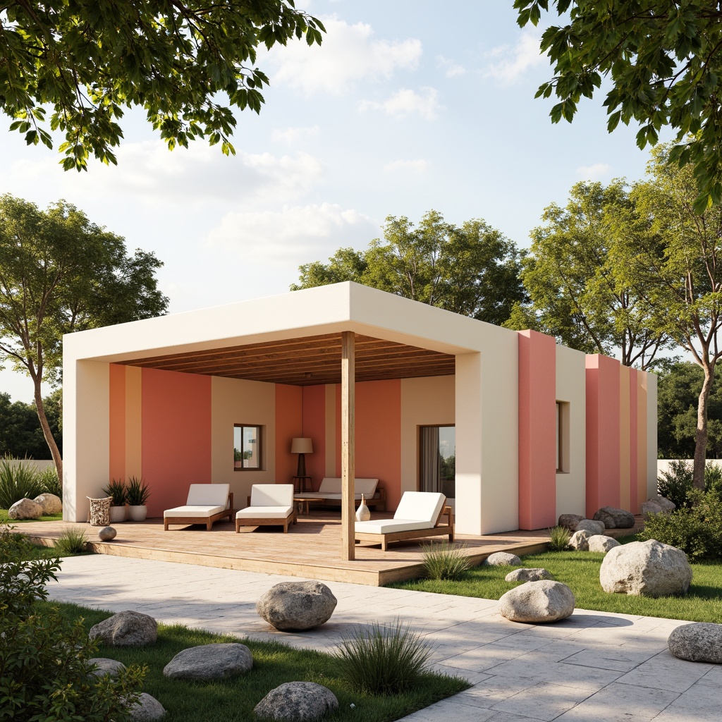 Prompt: Vibrant pavilion, sleek modernist architecture, bold color blocking, pastel hues, soft peach tones, creamy whites, rich wood accents, metallic silver details, subtle gradient effects, natural stone flooring, lush greenery surroundings, warm sunny day, soft diffused lighting, shallow depth of field, 1/1 composition, realistic textures, ambient occlusion.